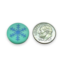 Load image into Gallery viewer, Czech glass laser tattoo snowflake coin beads 8pc turquoise sliperit 17mm
