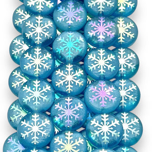 Czech glass laser tattoo snowflake coin beads 8pc blue AB 14mm