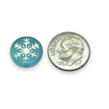 Load image into Gallery viewer, Czech glass laser tattoo snowflake coin beads 8pc blue AB 14mm
