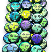 Load image into Gallery viewer, Czech glass laser tattoo full moon face coin beads 8pc jet iris 17mm
