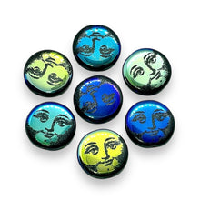 Load image into Gallery viewer, Czech glass laser tattoo full moon face coin beads 8pc jet AB 14mm
