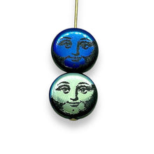 Load image into Gallery viewer, Czech glass laser tattoo full moon face coin beads 8pc jet AB 14mm
