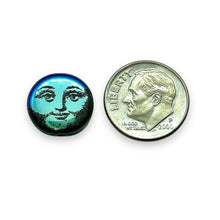 Load image into Gallery viewer, Czech glass laser tattoo full moon face coin beads 8pc jet AB 14mm
