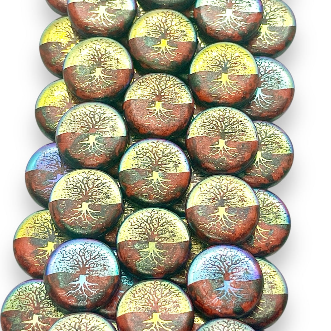 Czech glass laser tattoo tree of life coin beads 8pc red AB 14mm