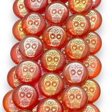 Load image into Gallery viewer, Czech glass laser tattoo sugar skull coin beads 8pc orange AB 14mm
