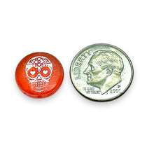 Load image into Gallery viewer, Czech glass laser tattoo sugar skull coin beads 8pc orange AB 14mm
