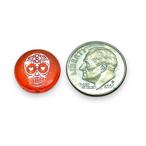 Czech glass laser tattoo sugar skull coin beads 8pc orange AB 14mm