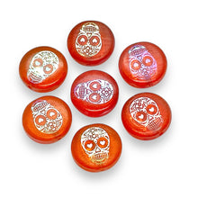 Load image into Gallery viewer, Czech glass laser tattoo sugar skull coin beads 8pc orange AB 14mm
