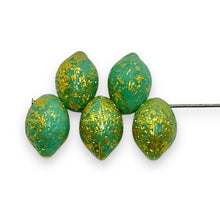 Load image into Gallery viewer, Czech glass lime fruit beads 12pc cool green gold 14x10mm
