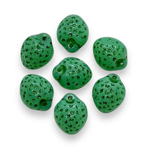 Load image into Gallery viewer, Czech glass strawberry fruit beads 12pc uranium green dark green 11x8mm
