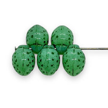 Load image into Gallery viewer, Czech glass strawberry fruit beads 12pc uranium green dark green 11x8mm
