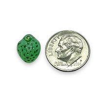 Load image into Gallery viewer, Czech glass strawberry fruit beads 12pc uranium green dark green 11x8mm
