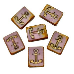 Czech glass table cut rectangle anchor beads 6pc pink gold 15x13mm