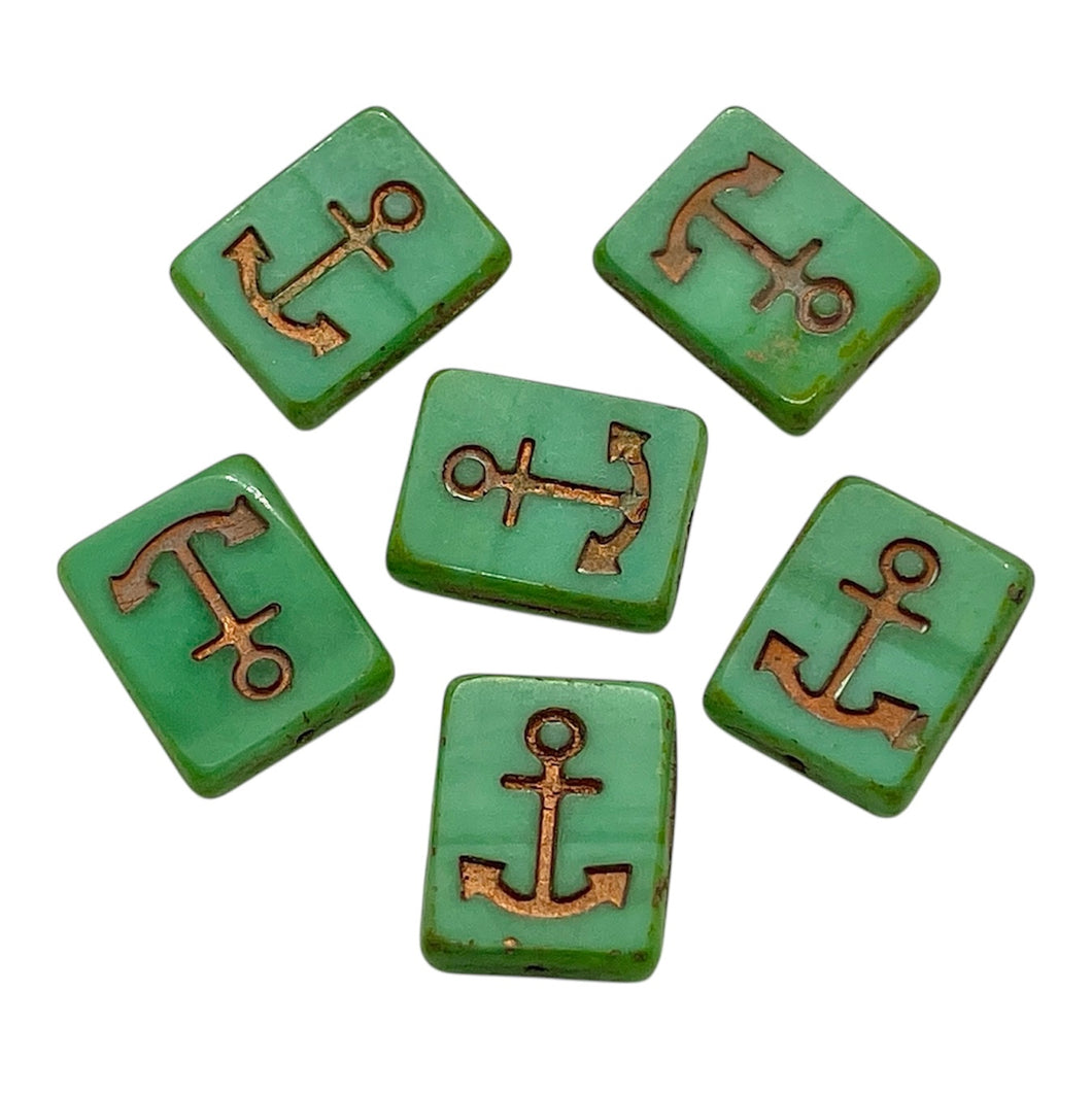 Czech glass table cut rectangle anchor beads 6pc turquoise copper