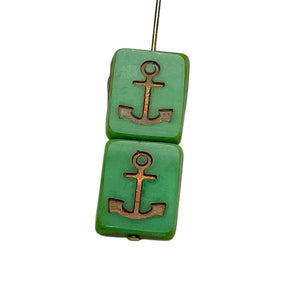 Czech glass table cut rectangle anchor beads 6pc turquoise copper