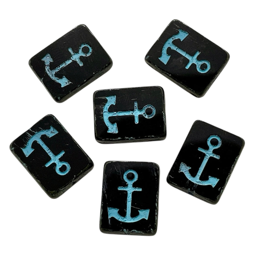 Czech glass table cut rectangle anchor beads 6pc jet black blue 15x13mm