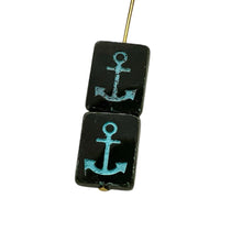 Load image into Gallery viewer, Czech glass table cut rectangle anchor beads 6pc jet black blue 15x13mm
