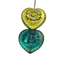 Load image into Gallery viewer, Czech glass Victorian heart flower beads 4pc blue green gold 17mm VARIANT

