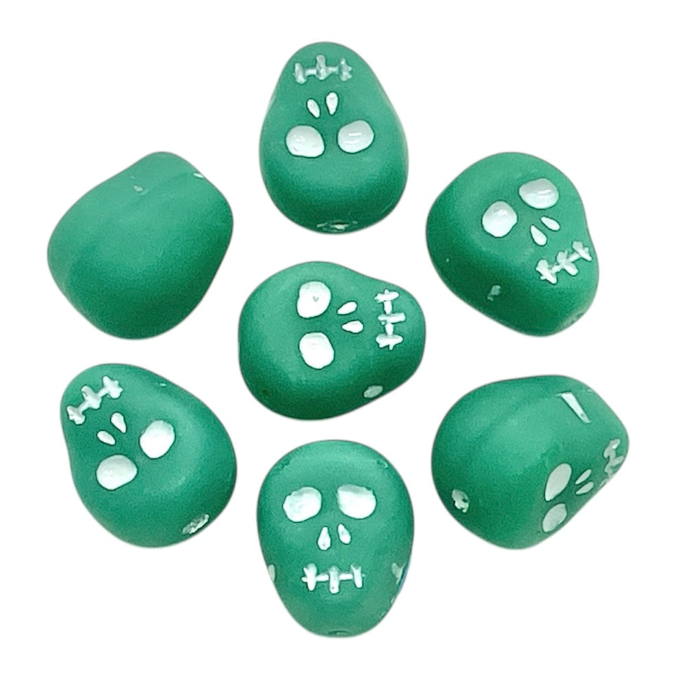 Czech glass skull beads 8pc matte turquoise white 12mm