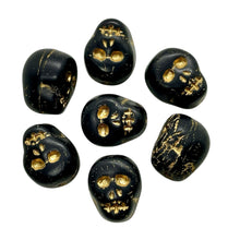 Load image into Gallery viewer, Czech glass skull beads 8pc matte black gold 12mm
