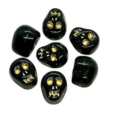 Load image into Gallery viewer, Czech glass skull beads 8pc shiny black gold  12mm
