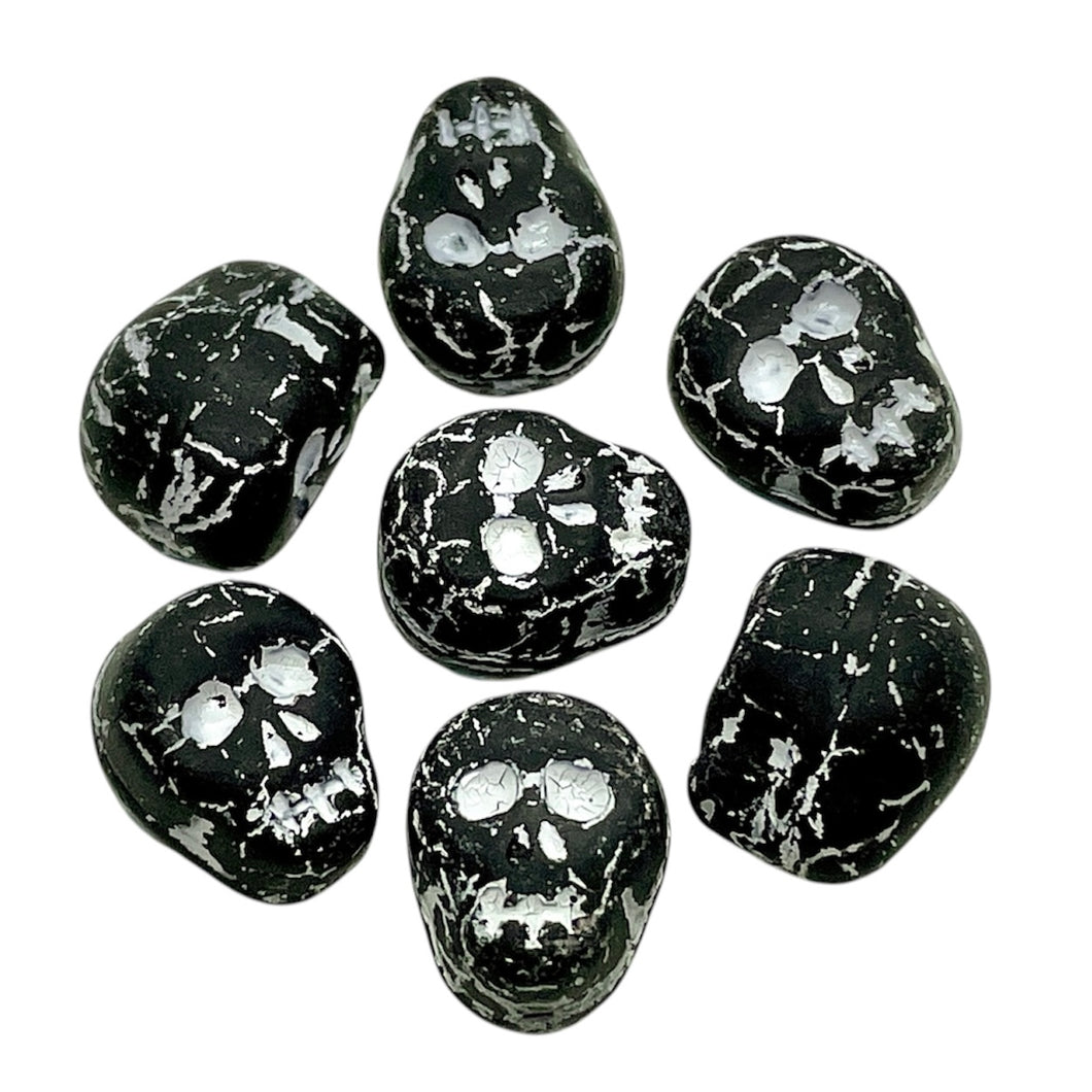 Czech glass skull beads 8pc matte black white patina 12mm