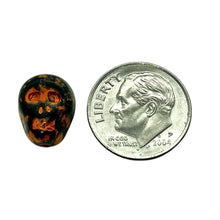 Load image into Gallery viewer, Czech glass skull beads 8pc black orange patina 12mm
