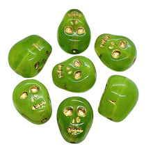 Load image into Gallery viewer, Czech glass skull beads 8pc green opal gold 12mm
