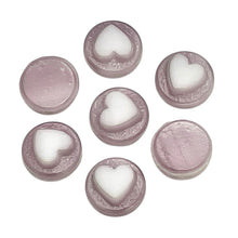 Load image into Gallery viewer, Vintage glass heart cabochons 15pc purple &amp; white 7mm
