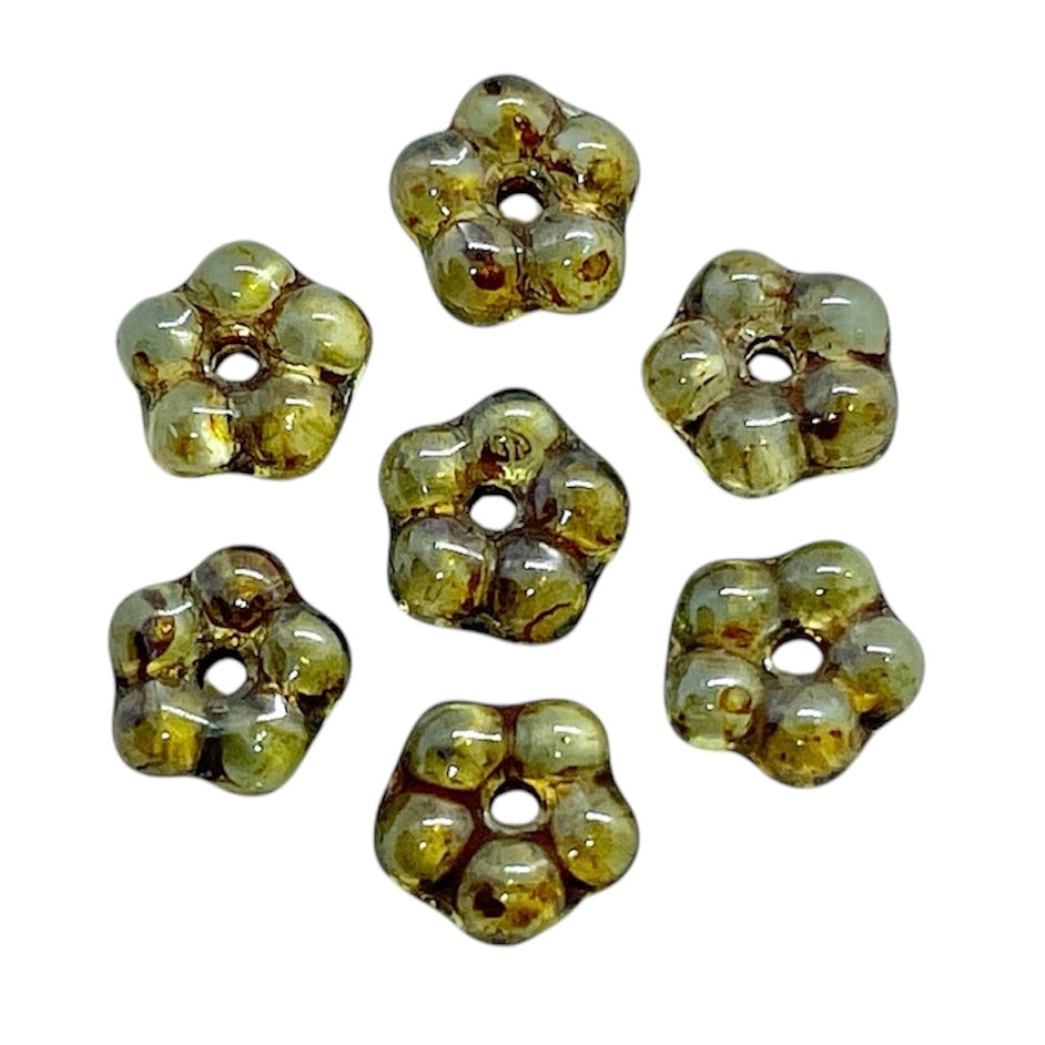 Czech glass forget me not flower spacer beads 50pc lumi green brown 5mm