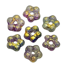 Load image into Gallery viewer, Czech glass forget me not flower spacer beads 50pc etched purple blue gold 5mm
