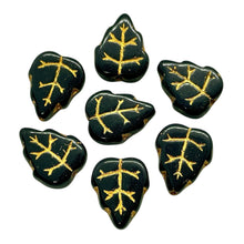 Load image into Gallery viewer, Czech glass birch leaf beads 20pc jet black gold 12x10mm
