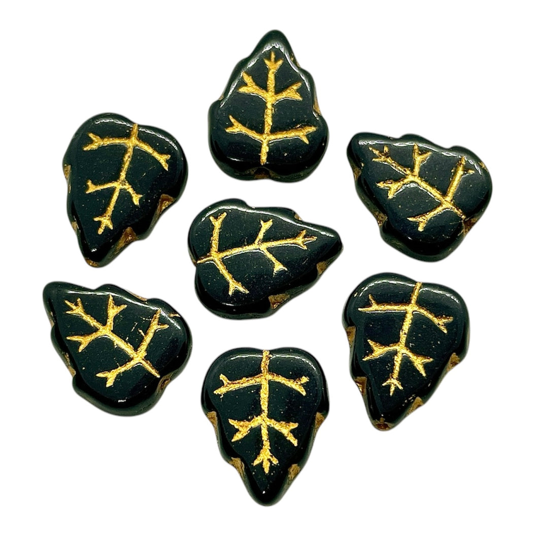 Czech glass birch leaf beads 20pc jet black gold 12x10mm