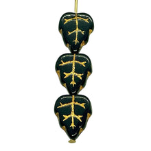 Load image into Gallery viewer, Czech glass birch leaf beads 20pc jet black gold 12x10mm
