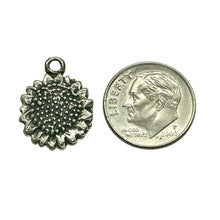 Load image into Gallery viewer, Sunflower charm pendant 2pc antique silver tone pewter 14mm
