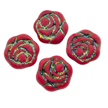 Load image into Gallery viewer, Czech glass flat rose flower beads 6pc red sliperit 18mm
