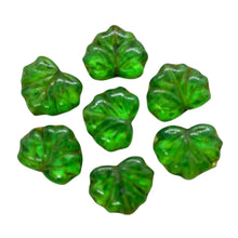 Load image into Gallery viewer, Czech glass maple leaf beads 15pc translucent green picasso 13x11mm
