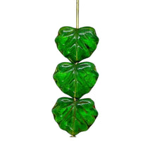 Load image into Gallery viewer, Czech glass maple leaf beads 15pc translucent green picasso 13x11mm
