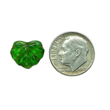 Load image into Gallery viewer, Czech glass maple leaf beads 15pc translucent green picasso 13x11mm
