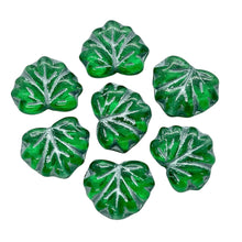 Load image into Gallery viewer, Czech glass maple leaf beads 15pc emerald green silver 13x11mm
