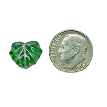 Load image into Gallery viewer, Czech glass maple leaf beads 15pc emerald green silver 13x11mm
