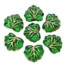 Load image into Gallery viewer, Czech glass maple leaf beads 15pc emerald green copper 13x11mm
