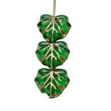 Load image into Gallery viewer, Czech glass maple leaf beads 15pc emerald green copper 13x11mm
