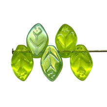 Load image into Gallery viewer, Czech glass leaf beads 25pc light olivine green AB 12x7mm
