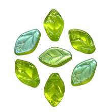 Load image into Gallery viewer, Czech glass leaf beads 25pc light olivine green AB 12x7mm
