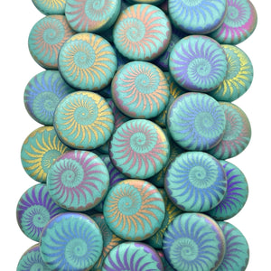 Czech glass laser tattoo nautilus seashell coin beads 8pc matte turquoise sliperit 14mm