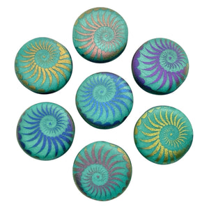 Czech glass laser tattoo nautilus seashell coin beads 8pc matte turquoise sliperit 14mm