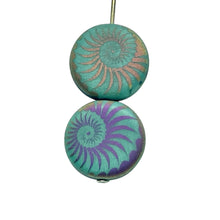 Load image into Gallery viewer, Czech glass laser tattoo nautilus seashell coin beads 8pc matte turquoise sliperit 14mm
