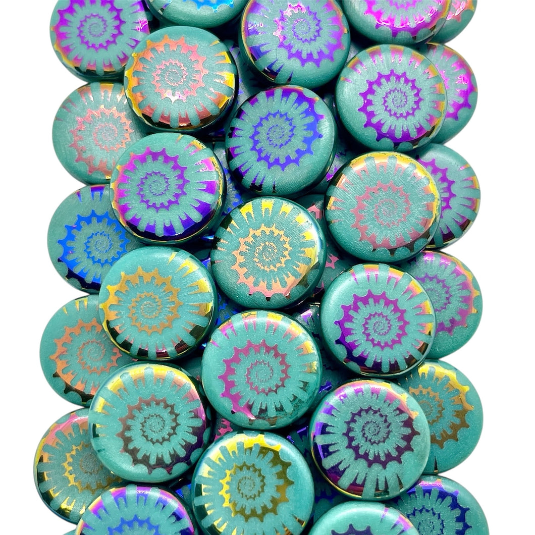 Czech glass laser tattoo nautilus seashell coin beads 8pc turquoise sliperit #2 14mm