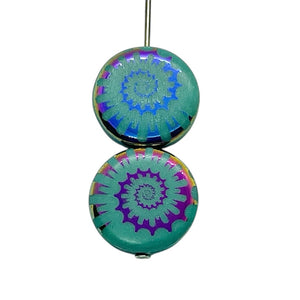 Czech glass laser tattoo nautilus seashell coin beads 8pc turquoise sliperit #2 14mm